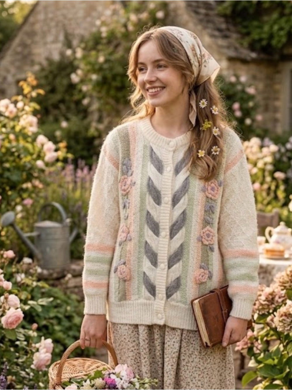 Vintage 80s Floral Cable Knit Cardigan Sweater in Cream and Pastel